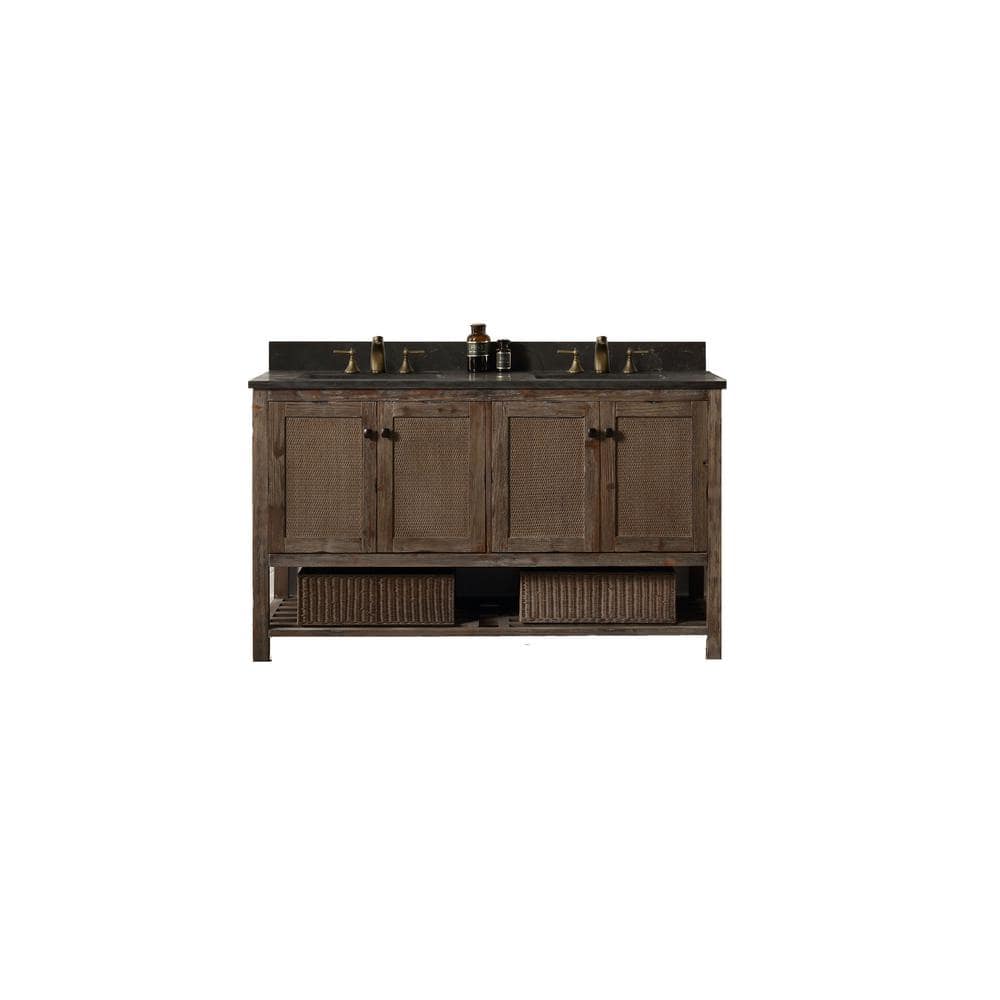 60 in. Vanity in Brown with Moon Stone Vanity Top in Black with Basin