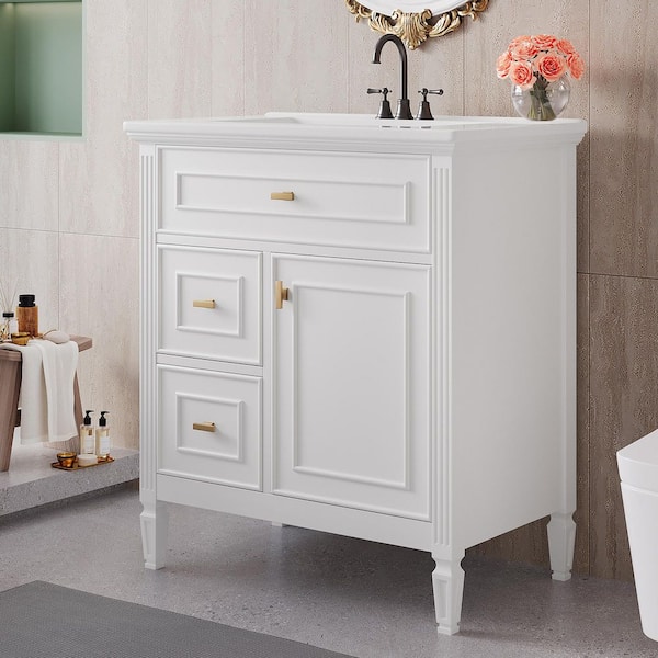 30 in. Freestanding Bathroom Vanity with White Ceramic Top, Hidden Drawer and Storage Cabinet in. White