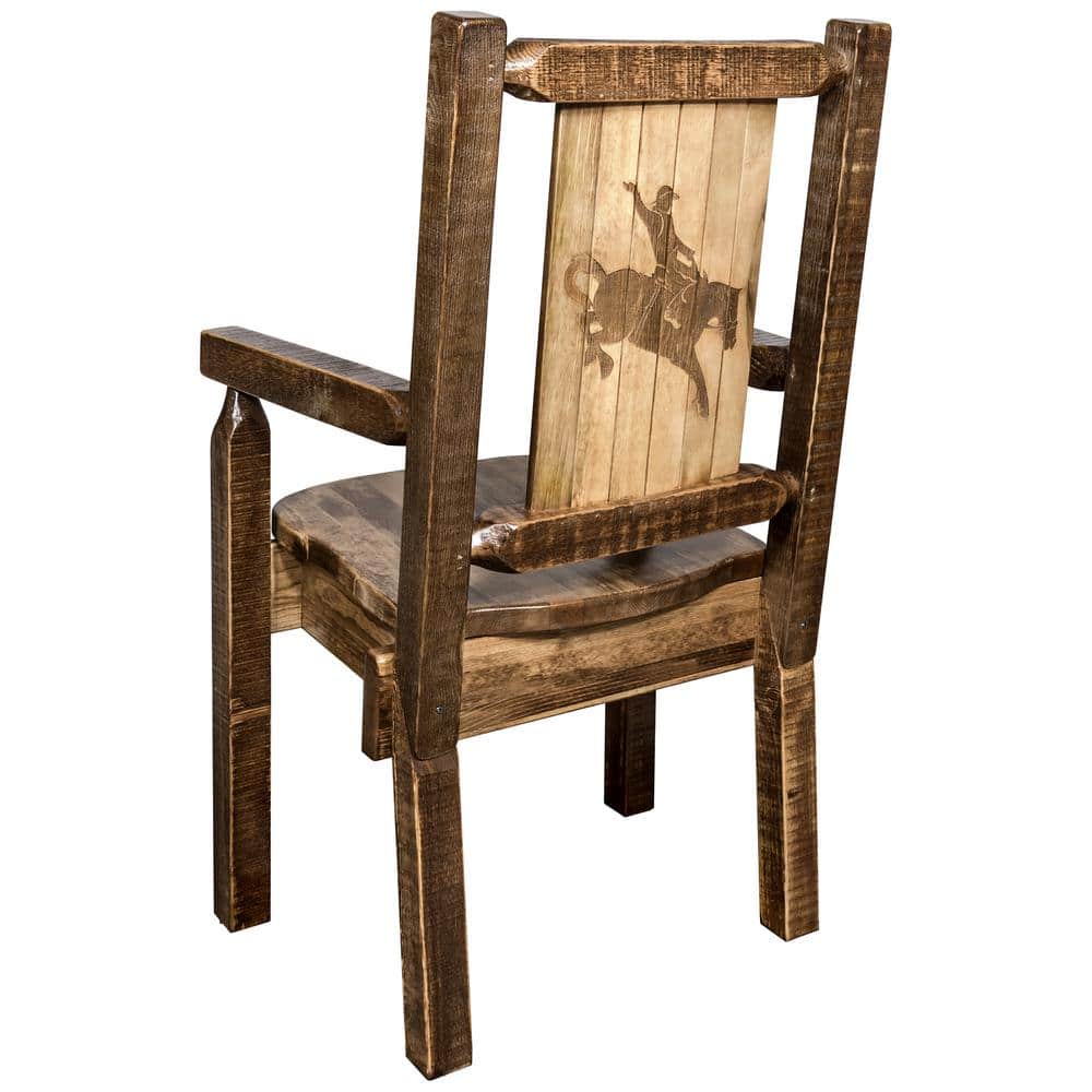 Early American Handcrafted Wood Arm Chair with Bronc Motif
