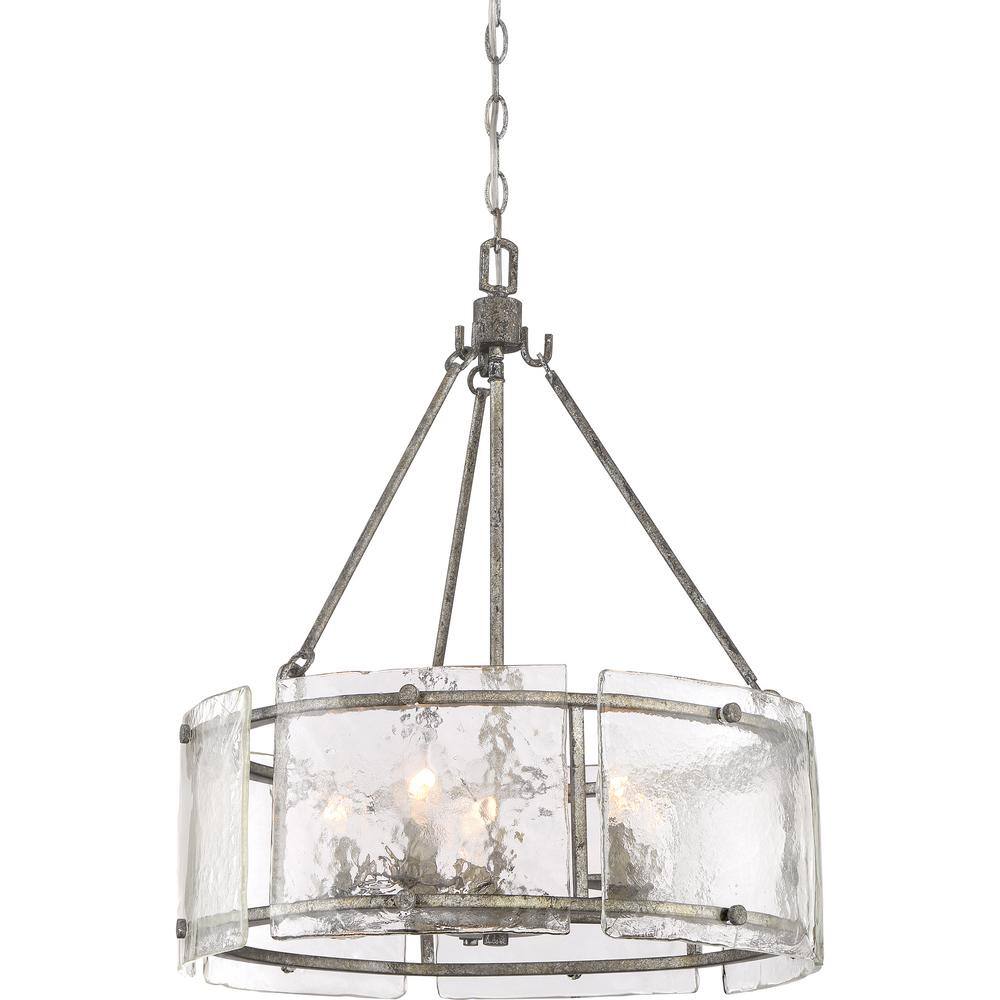 Mottled Silver Drum Pendant Light with Textured Glass