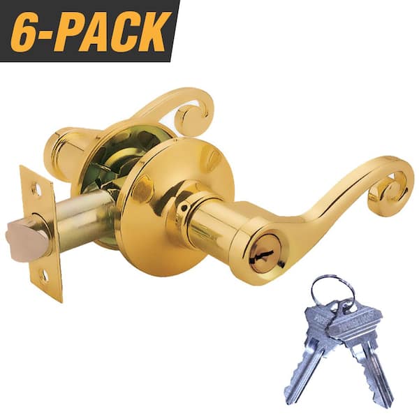 Premier Lock Brass Plated Light Commercial Duty Door Handle Lock Set with Decorative Handle and 12 Keys Total, (6-Pack, Keyed Alike)