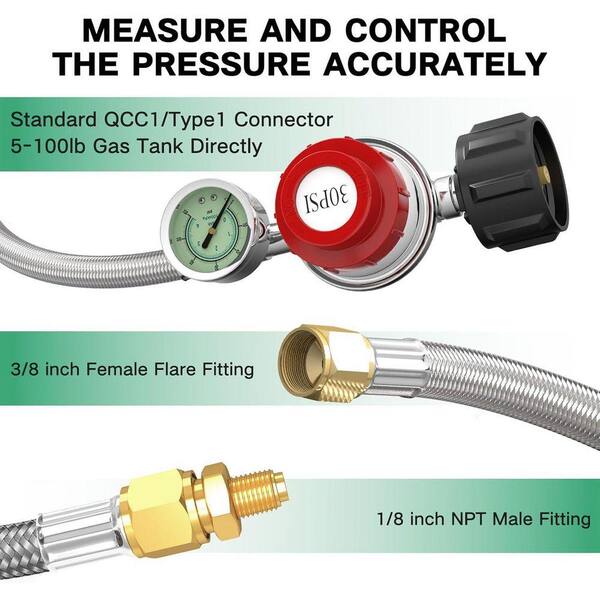 thumbnail image 2 of 5ft Low Pressure Propane Regulator Hose With Gauge - For BBQ Grill, Stove, Gas Pit 2 of 5
