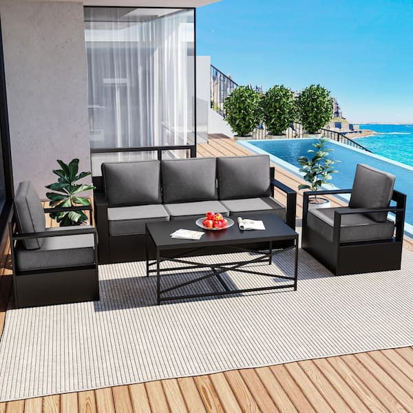 4-Piece Aluminum Armrest Patio Conversation Set with Lounge Chair, Coffee Table and 6 in. Gray Cushions