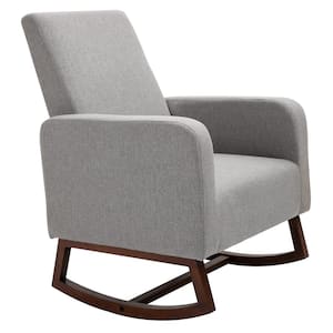 Modern Grey Accent Lounge Rocking Chair with Solid Curved Wood Base and Linen Padded Seat