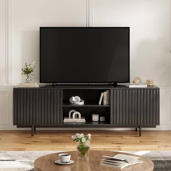Black 63 in. Retro Fluted Wood TV Stand for Up to 75 in. TVs with Pop Up Doors