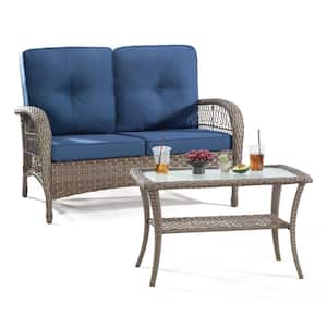 2-Piece Wicker Patio Conversation Set with Blue Cushions, Ergonomically Designed