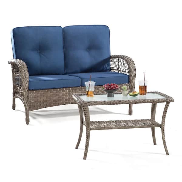 Tenleaf 2-Piece Wicker Patio Conversation Set with Blue Cushions, Ergonomically Designed