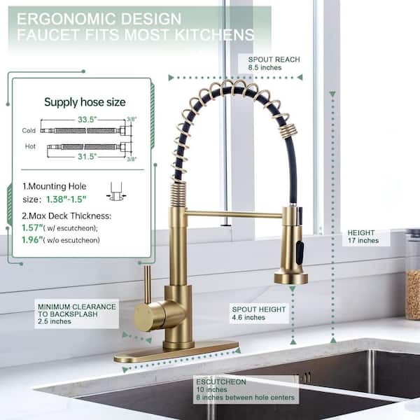 17 in. H x 10 in. W x 8.5 in. D Kitchen Faucet with Pull Down Sprayer and Deck Plate, Brushed Gold Kitchen Sink Faucet