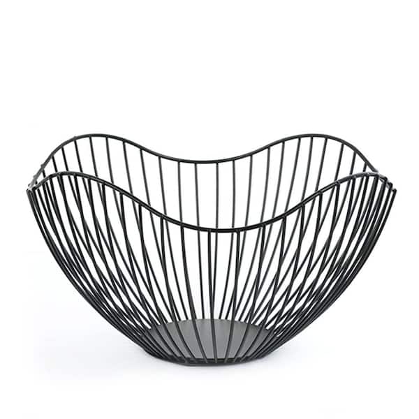 Black Metal Wavy Storage Basket for Fruits Vegetables and Bread 10-Inch Wide Circular Kitchen Countertop Bowl