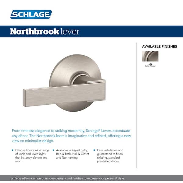 Satin Nickel Schlage F10 NBK 619 ULD Northbrook Lever with Upland Trim Hall and Closet Lock