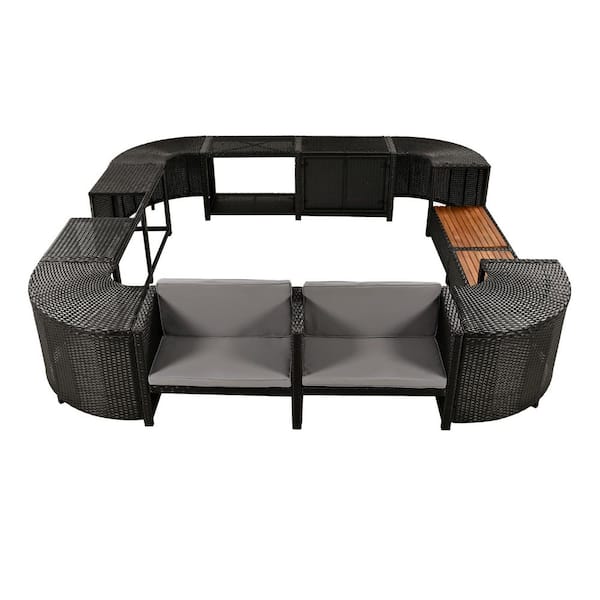 Sudzendf Black Wicker Outdoor Outdoor Sectional Sofa Set, Spa Frame Quadrilateral with Gray Cushions