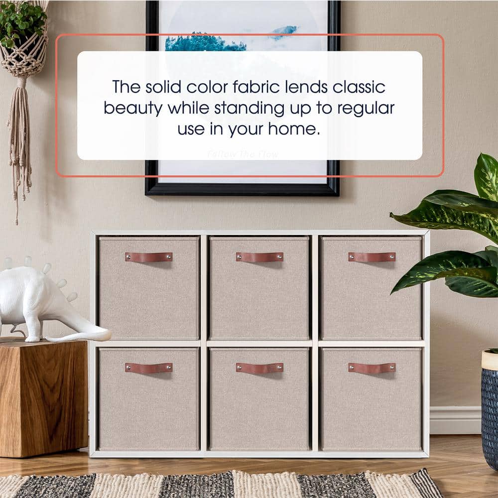 Beige Linen Foldable Storage Cubes with Leather Handles, Set of 6