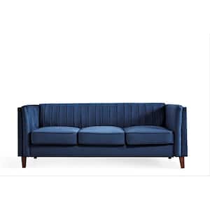 Alicia 83 in.  W Square Arm Velvet Mid-Century Modern Straight Sofa in Blue
