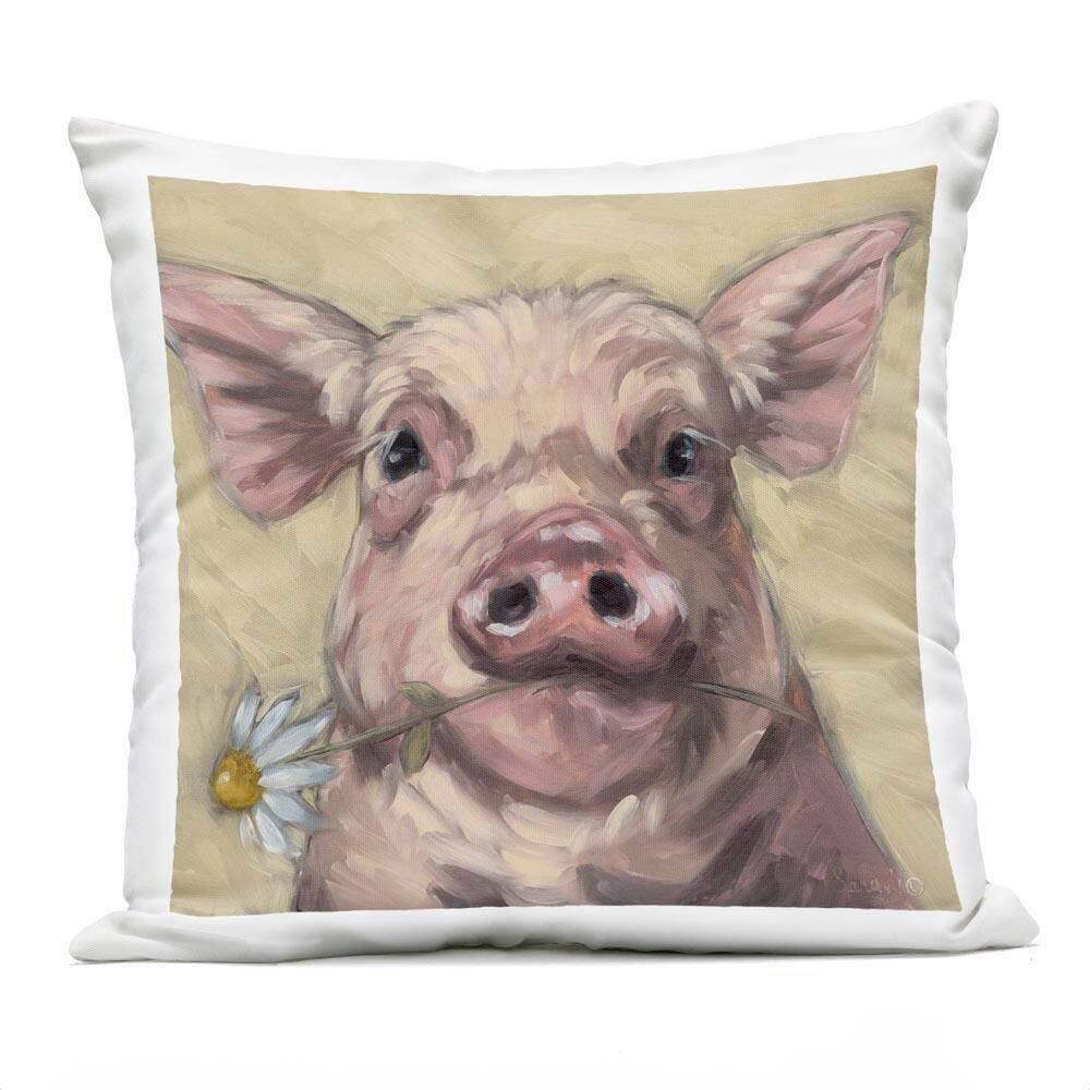 Pig Holding Daisy Sprig Pink Square Outdoor Throw Pillow price history on PriceWatchPro