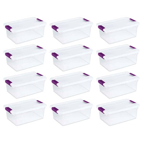   Basics 12 Quart Stackable Plastic Storage Bins with  Latching Lids- Clear/ Grey- Pack of 6