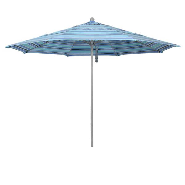 California Umbrella 11 ft. Gray Woodgrain Aluminum Commercial Market Patio Umbrella Fiberglass Ribs and Pulley Lift in Dolce Oasis Sunbrella