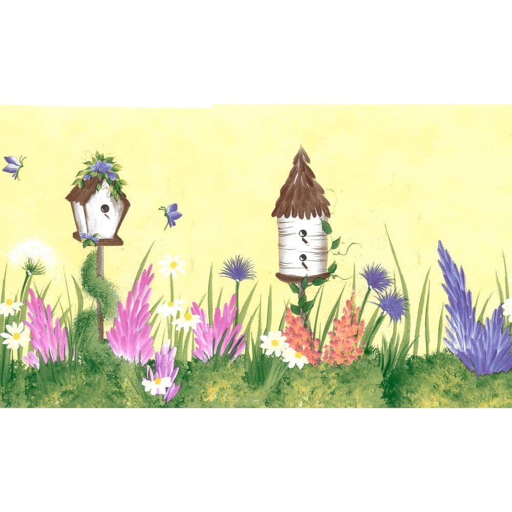 Falkirk Brin Birdhouses, Flowers Yellow, Green, Pink, Violet Wallpaper Bord