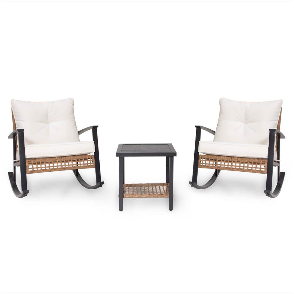 Beige Cushioned Steel Frame 3-Piece Patio Rocking Set