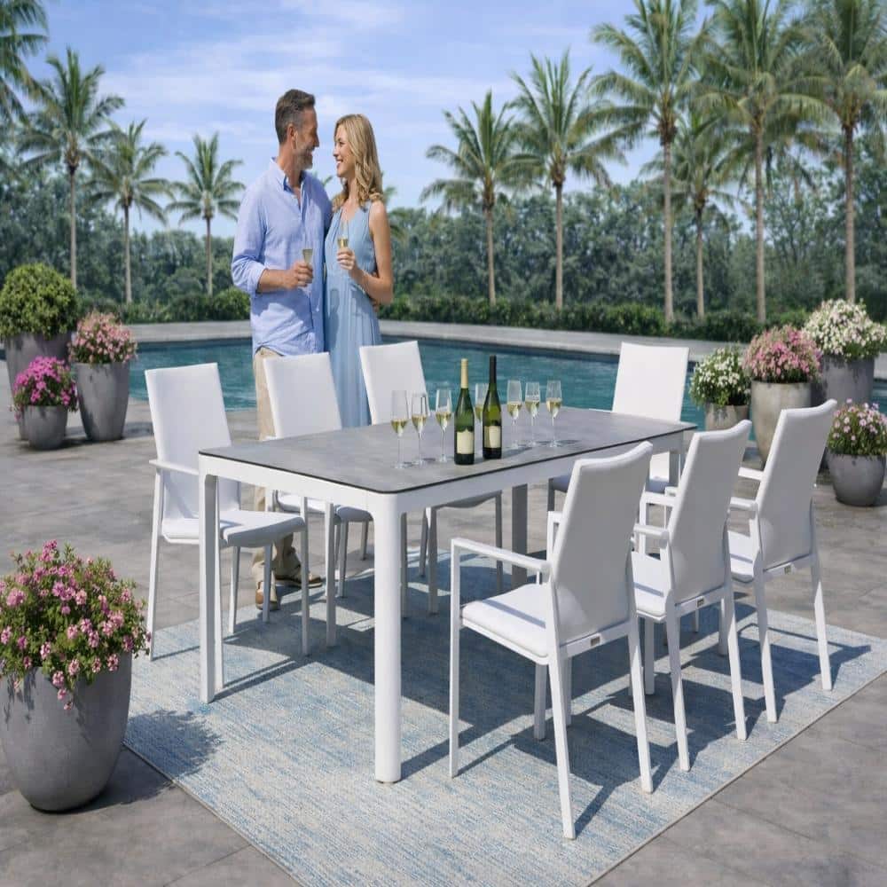 Siena 9-Piece Aluminum Outdoor Dining Set with Padded Sling Chairs, Light Grey Ceramic Top Table and Umbrella Hole price history on PriceWatchPro