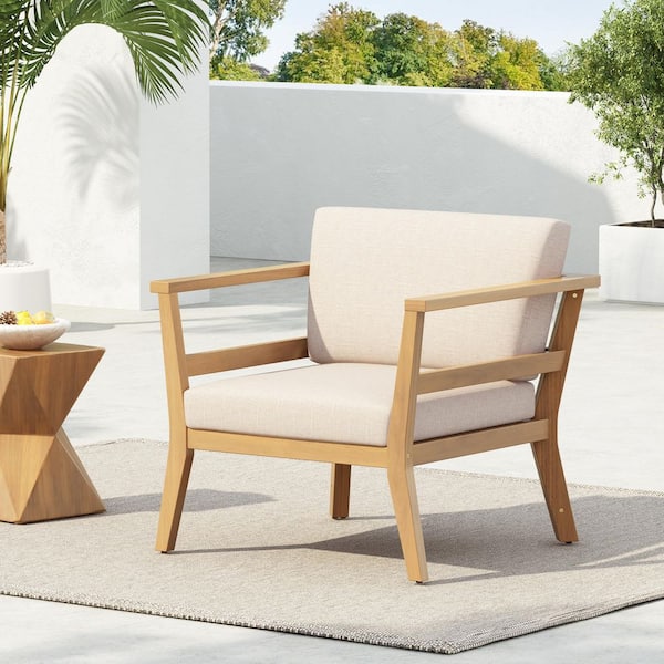 Xenia Patio Armrest Solid Wood Outdoor Lounge Chair with Beige Cushions, Light Teak Finish
