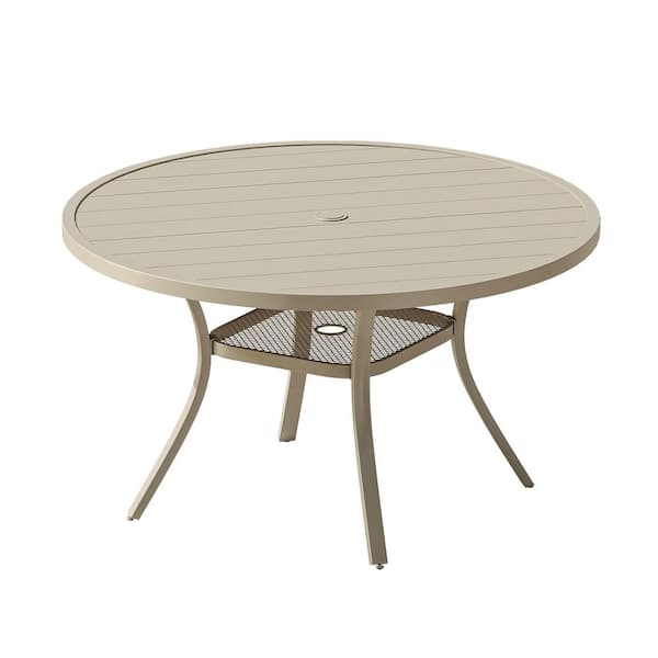 Sandshell Color Metal 47 in. All Weather Round Outdoor Dining Table with 1.57 in.-1.90 in. Umbrella Hole for 6 People
