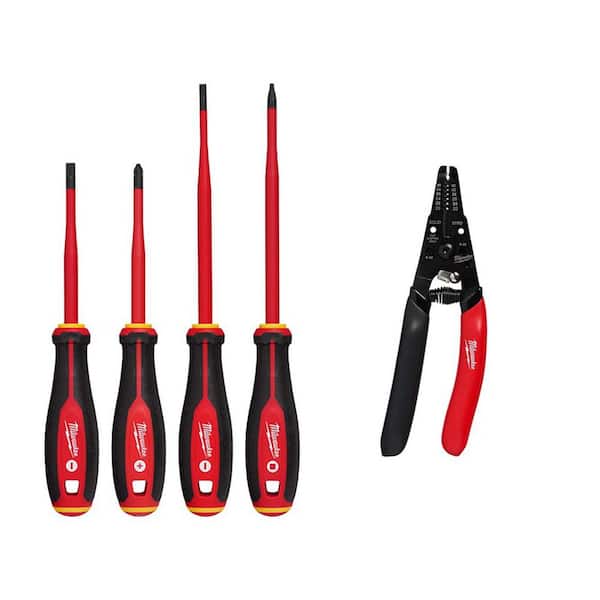 1000V Insulated Slim Tip Screwdriver Set with 20-32 AWG Low Voltage Dipped Grip Wire Stripper and Cutter (5-Piece)