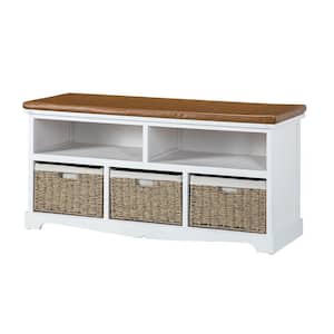 Barasimla White 42 in. W x 15.3 in. D x 20.2 in. H Upholstered Cubby Storage Bench with Woven Baskets