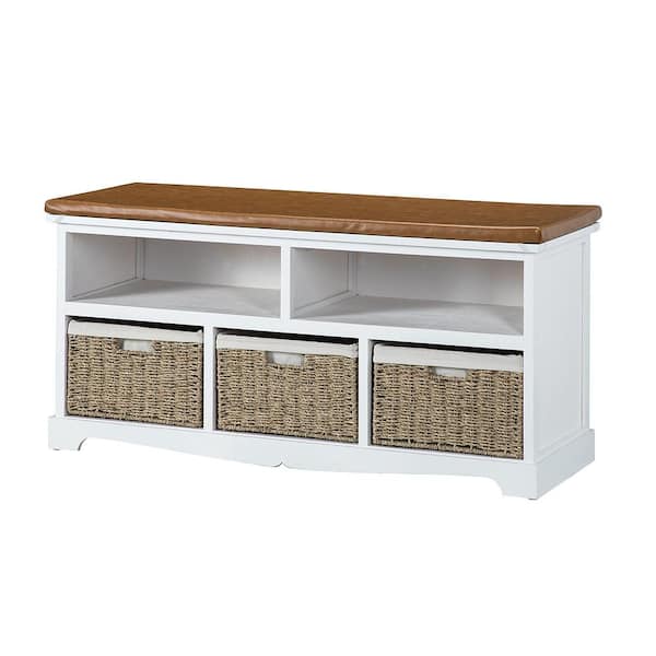 JAYDEN CREATION Barasimla White 42 in. W x 15.3 in. D x 20.2 in. H Upholstered Cubby Storage Bench with Woven Baskets
