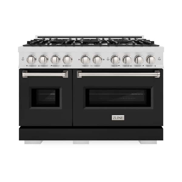 48  in. 6.7 cu. ft. Classic Double Oven Gas Range with 8-Burner Cooktop in Satin Stainless Steel with Black Matte Doors