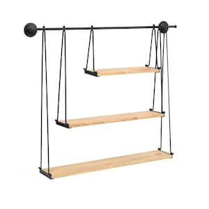 Luna (6 in x 37 in x 30 in) - Black & Natural Wood - Iron & Wood - Floating Decorative 3 Tier Wall Shelf