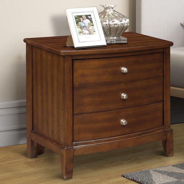 Benjara Brown Wooden Nightstand with 3-Spacious Drawers and Knobs 25.25 in. L x 18 in. W x 27.5 in. H
