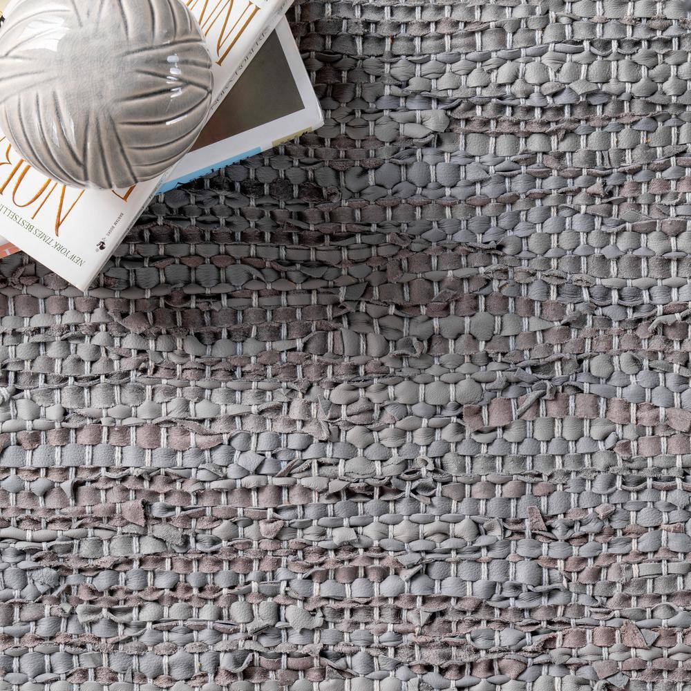 Handwoven Gray Leather & Hemp Flatweave 3' x 5' Rug