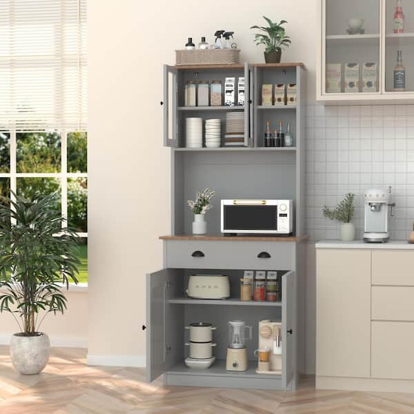 VEIKOUS Gray Engineered Wood Kitchen Pantry Cabinet Storage Hutch with Adjustable Shelves, Buffet Cupboard and Microwave Stand