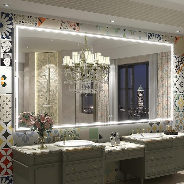 84 in. W x 40 in. H Rectangular Frameless 192 LEDs/m Front Lighted Anti-Fog Tempered Glass Wall Bathroom Vanity Mirror