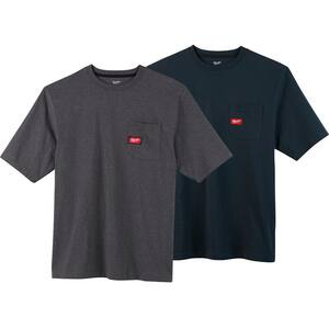 Men's Medium Gray and Blue Heavy-Duty Cotton/Polyester Short-Sleeve Pocket T-Shirt (2-Pack)