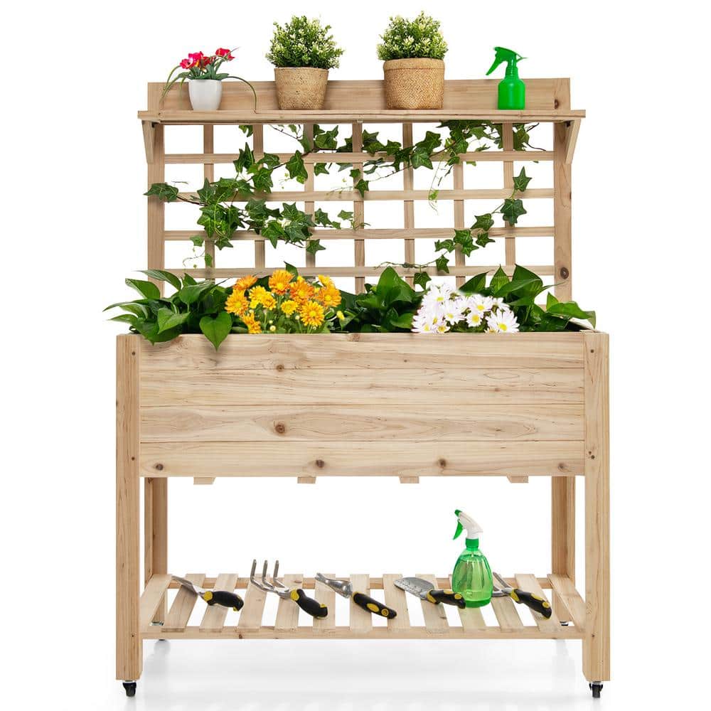 ANGELES HOME 41.5 in. Fir Wood Raised Garden Bed with Wheels Trellis and  Storage Shelf SA10-9TH17 - The Home Depot