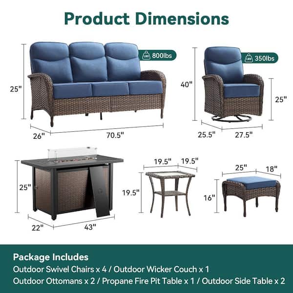 Moonridge 10-Piece Brown Wicker Fire Pit Conversation Set with 6 In. Olefin Blue Cushions / Metal Fire Pit Table