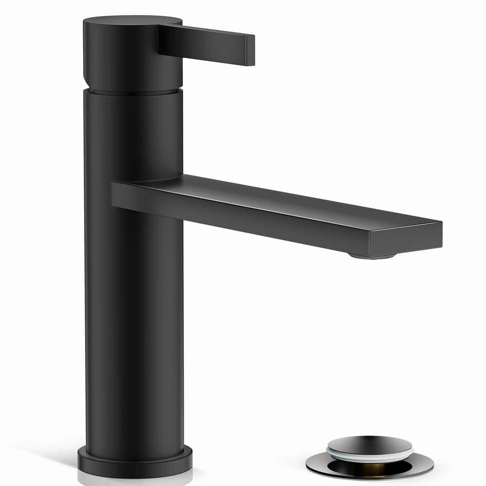 One Hole Bathroom Faucet,Matte Black Low Arc Single Handle Faucet, with Metal Pop-up Drain -  Phiestina