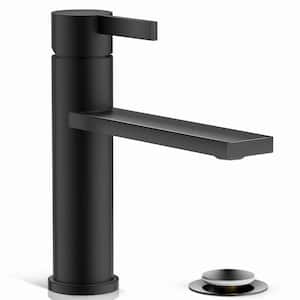 One Hole Bathroom Faucet,Matte Black Low Arc Single Handle Faucet, with Metal Pop-up Drain