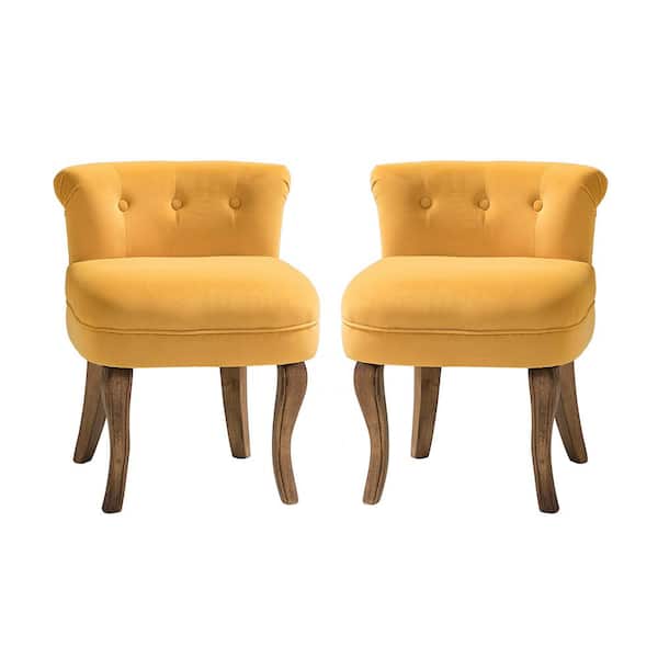 JAYDEN CREATION Nila Mustard Vanity Velvet Upholstered Stool Chairs with Solid Wooden Legs (Set of 2)