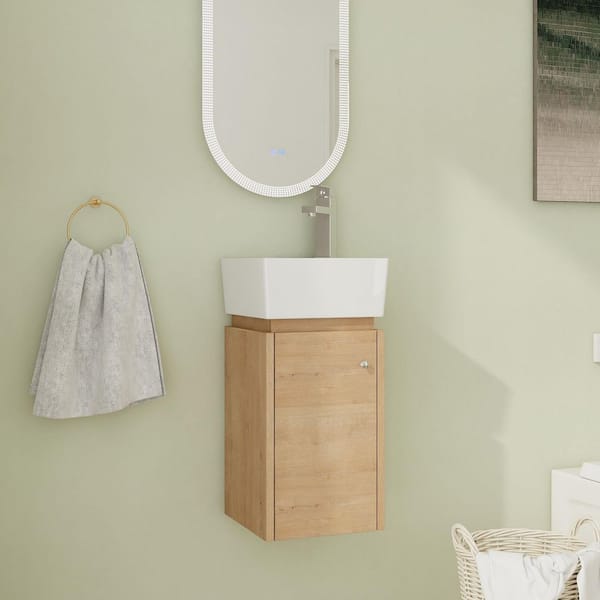 Malwee 12 in. Wall-Mounted Single Brown Bath Vanity with White Ceramic Vanity Top Unassembled