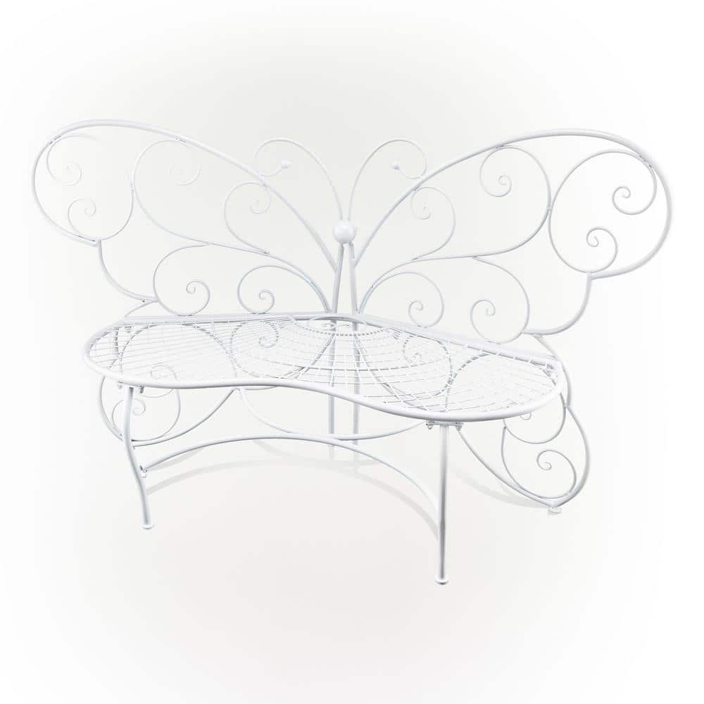 Charming Alpine 62" White Metal Butterfly-Shaped Garden Bench