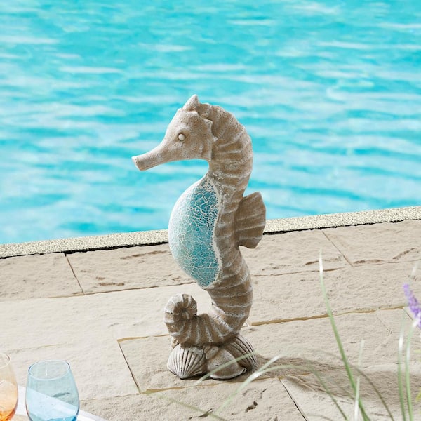 Glitzhome 21 in. H MGO Marine Faux Granite and Mosaic Sea Horse