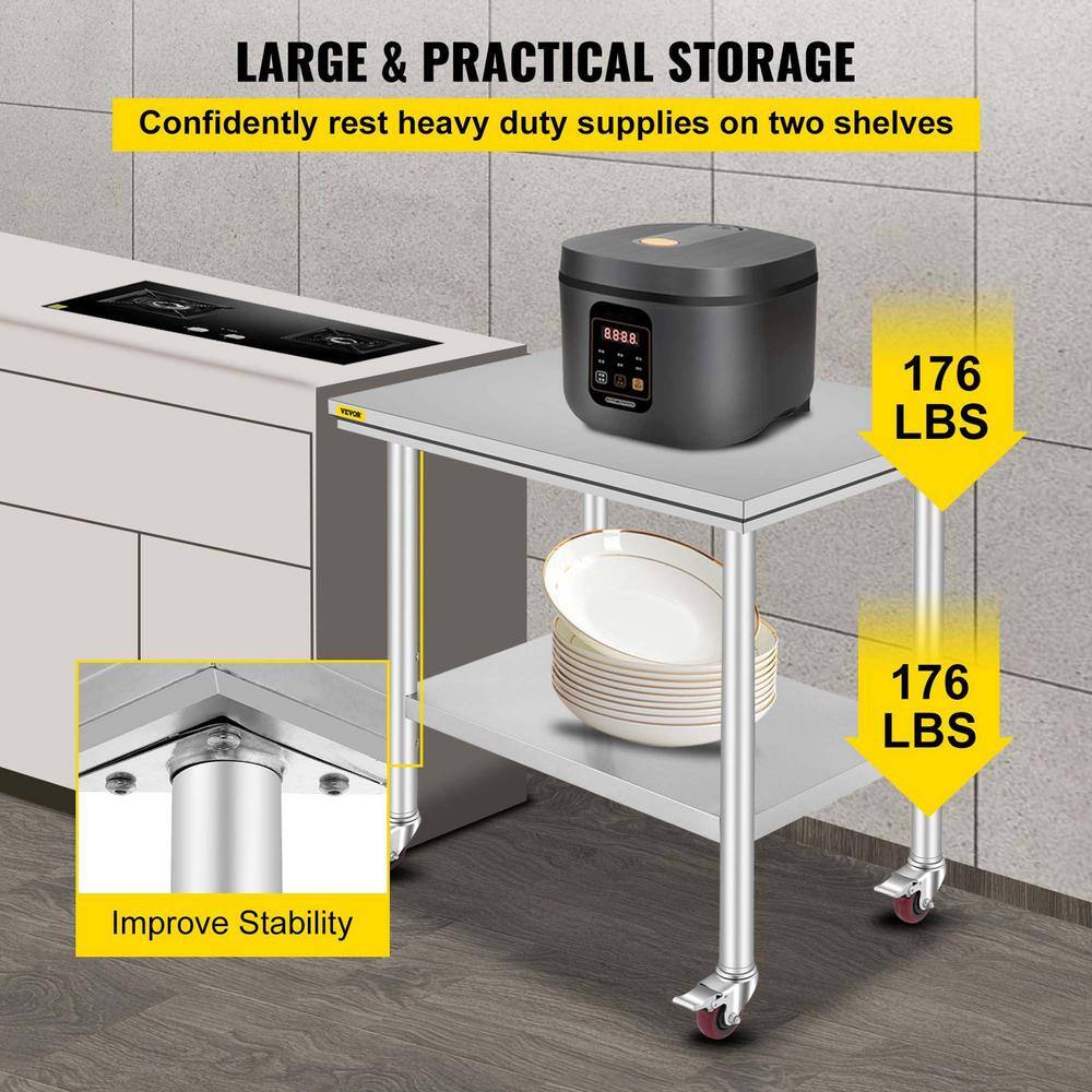 36-Inch Stainless Steel Kitchen Prep Table with Undershelf and Casters
