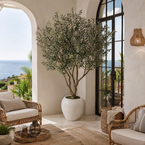 DR.Planzen 8 ft. Artificial Olive Tree with Large White Planter