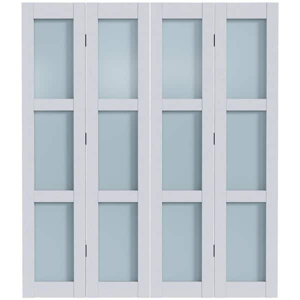 56 in. x 84 in. 3/4 Lite Frosted Glass Solid Core MDF White PVC Bi-Fold Door with Hardware