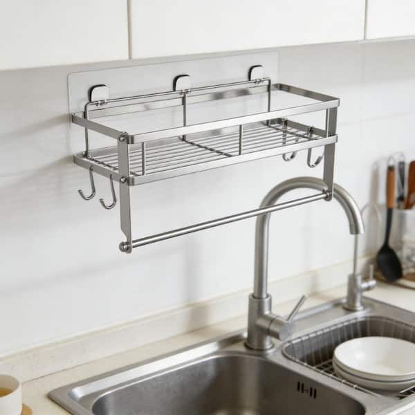 Adhesive Wall Mount Brushed Nickel 2-in-1 Paper Towel Holder with Shelf Storage for Kitchen and Bathroom Organization