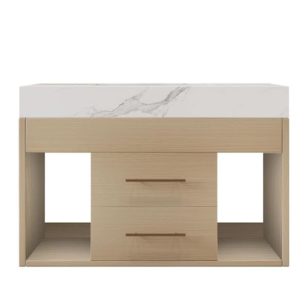 29.9 in. Floating Single Sink Wood-Finish Bath Vanity with White Sintered Stone Top