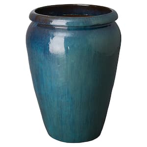 Tall 28 in. L x 39 in. H Teal Ceramic Round Planter with Drainage Hole