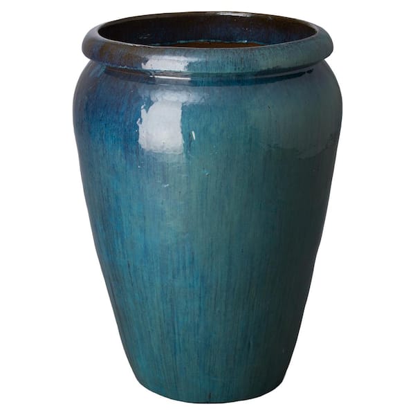 Emissary 30 in. Dia Teal Round Ceramic Planter with a Lip
